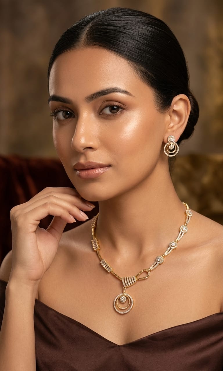 Gold plated Classic Circle Drop Gold Necklace Set – Code: VO03