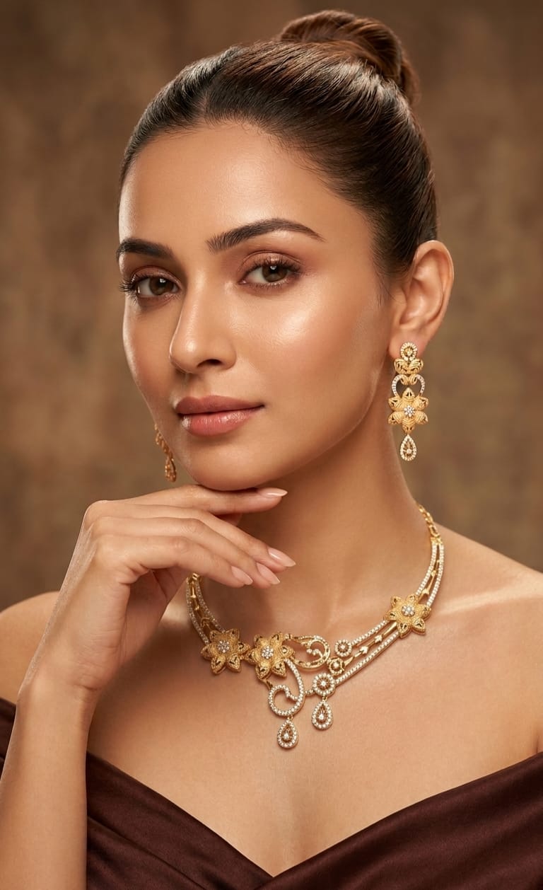 Gold plated Royal Blossom Statement Necklace Set – Code: VO02