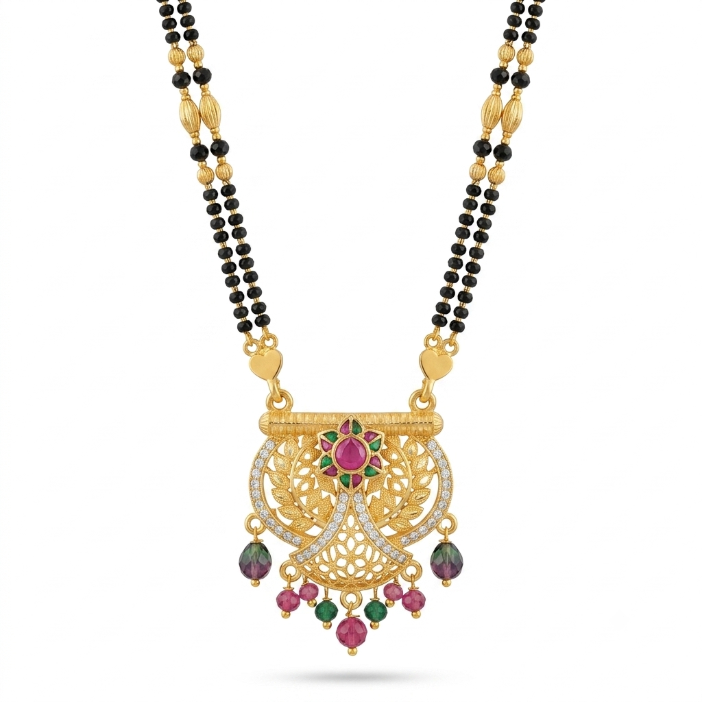 Filigree Leaf & Flower Gold Plated Dori Mangalsutra - VO05