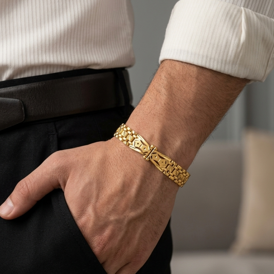 Designer Gold Plated Curved Link Bracelet with Center Motif for Men - VO03