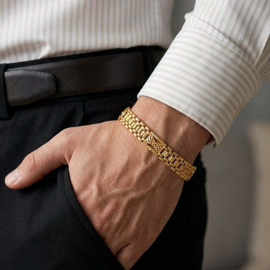 Royal Gold Plated Textured Chain Bracelet with Bowtie Center Element for Men - VO04