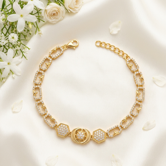 Hexagonal Pave & Swirl Medallion Gold Plated Bracelet - VO03