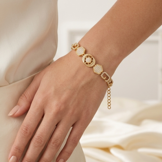 Hexagonal Pave & Swirl Medallion Gold Plated Bracelet - VO03