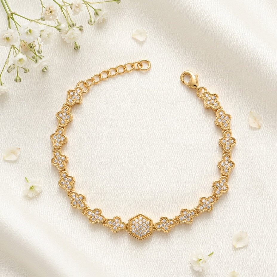Floral Clover & Hexagon Center Gold Plated Bracelet - VO01