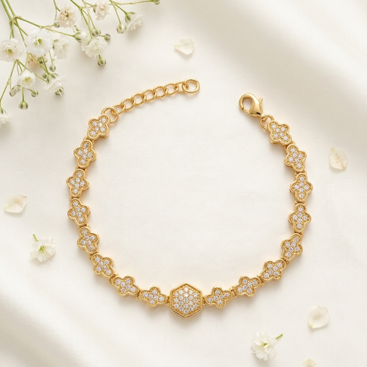 Floral Clover & Hexagon Center Gold Plated Bracelet - VO01