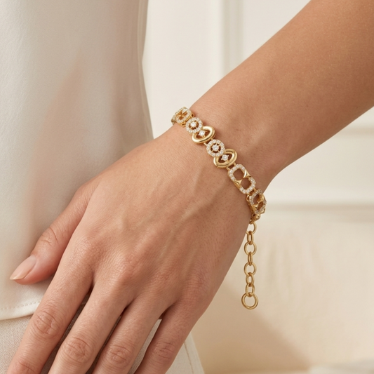 CZ Rectangular Link & Oval Motif Gold Plated Bracelet - VO02