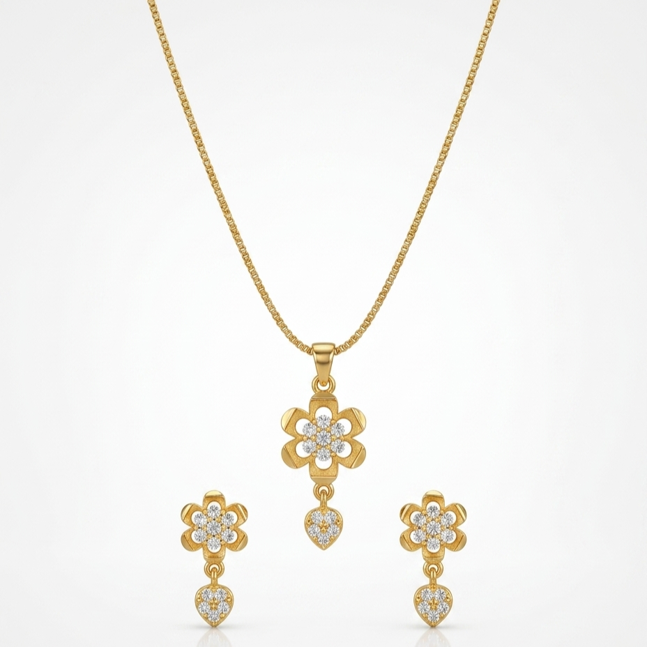 Gold-Plated Floral Pendant Set with Chain & Earrings – Perfect Gift for her