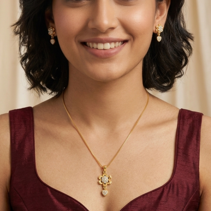 Gold-Plated Floral Pendant Set with Chain & Earrings – Perfect Gift for her