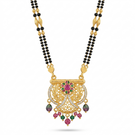 Filigree Leaf & Flower Gold Plated Dori Mangalsutra - VO05