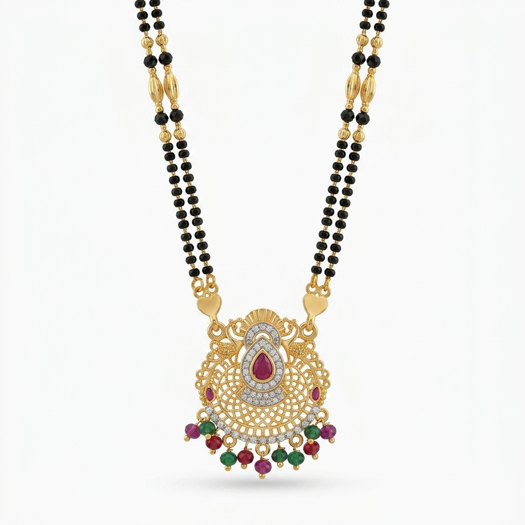 Teardrop Peacock Lace Gold Plated Dori Mangalsutra - VO04