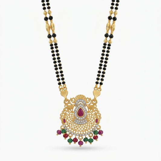 Teardrop Peacock Lace Gold Plated Dori Mangalsutra - VO04